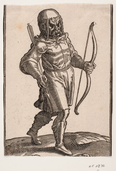 Soldado caminando hacia la derecha; botas y traje corto; en la mano izquierda un arco, en la derecha una flecha de Melchior Lorck