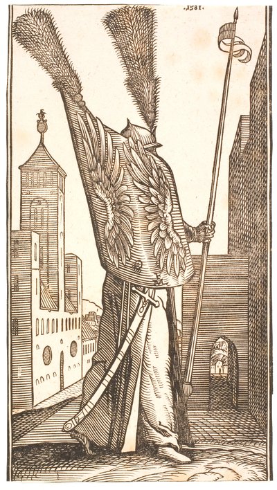 Soldado de pie con un escudo decorado con alas de águila y un casco adornado con una gran pluma de Melchior Lorck