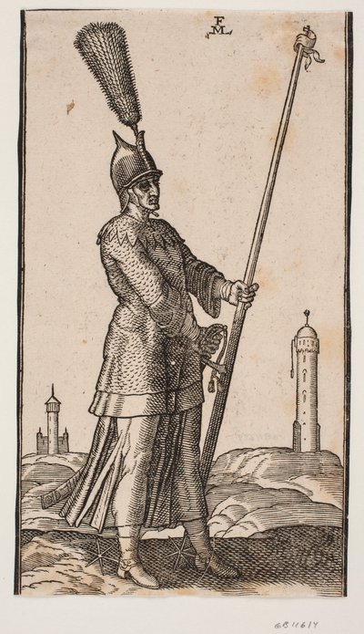 Soldado de pie; girado hacia la derecha; en su cabeza, lleva un casco con una gran pluma; en su mano izquierda, sostiene una lanza con un estandarte en la punta; su mano derecha descansa sobre la empuñadura de una espada, que lleva en su lado izquierdo de Melchior Lorck