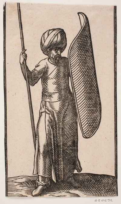 Soldado con turbante de pie, visto desde el frente; en su mano derecha, una lanza; en su brazo izquierdo, un escudo curvo de Melchior Lorck