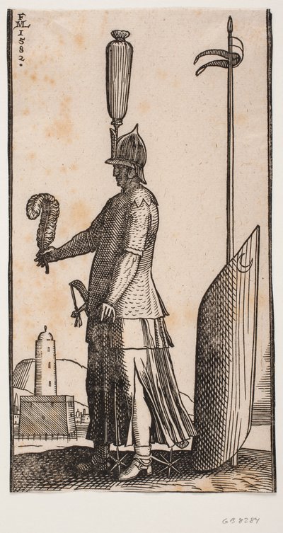 Soldado con casco de pie, perfil hacia la izquierda, sosteniendo una pluma en su mano extendida; detrás de él, un escudo adornado con una media luna apoyado contra una lanza clavada en el suelo de Melchior Lorck