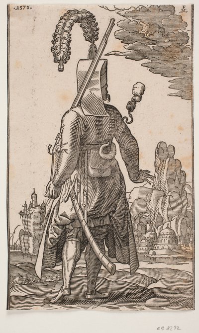 Janissary de pie visto desde atrás, tocado con plumas, rifle en el hombro izquierdo de Melchior Lorck
