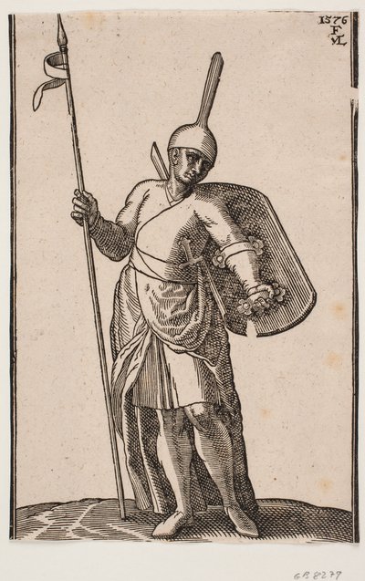 Soldado de pie, visto de frente; tocado con una parte superior alta y delgada; en la mano derecha una lanza, en el brazo izquierdo un escudo visto desde adentro de Melchior Lorck