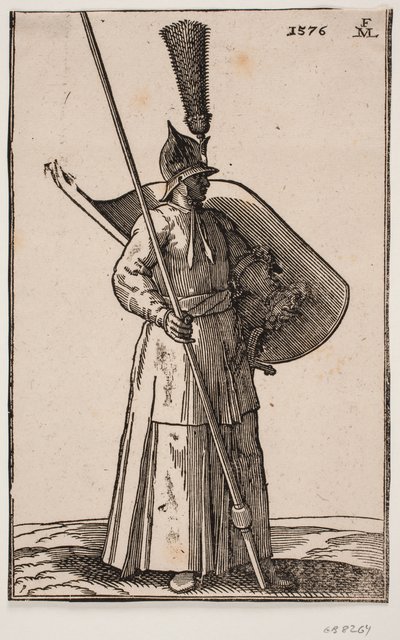Soldado de pie, mirando hacia la derecha; en la cabeza un casco puntiagudo con una gran pluma; en la mano derecha una lanza, cuya punta está fuera de la línea de encuadre superior; en el brazo izquierdo un escudo con el interior hacia arriba de Melchior Lorck