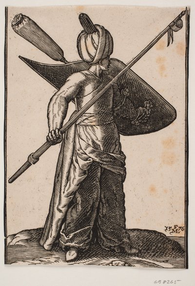 Soldado de pie, mirando hacia la derecha; con un turbante en la cabeza, una lanza levantada con una bandera en la mano derecha; un escudo con una pluma envuelta en tela en el brazo izquierdo de Melchior Lorck