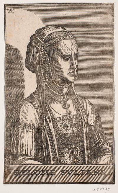 Retrato de sultana, medio perfil hacia la derecha: ZELOME SVLTANE de Melchior Lorck