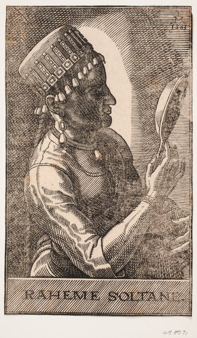 Retrato de sultana, reflejándose, perfil hacia la derecha: RAHEME SOLTANE. de Melchior Lorck