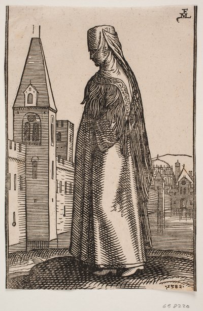 Mujer velada caminando, perfil hacia la izquierda; frente a ella se eleva una muralla con torres desde el agua de Melchior Lorck