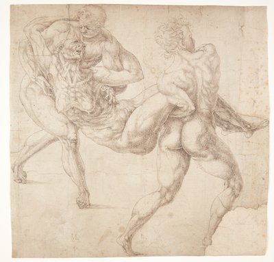 Dos hombres llevando a una anciana de Melchior Lorck
