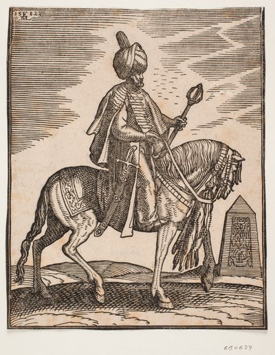 Jinete con turbante con una espada a su derecha y un garrote de guerra en su mano izquierda, perfil hacia la derecha; en el fondo, un obelisco de Melchior Lorck