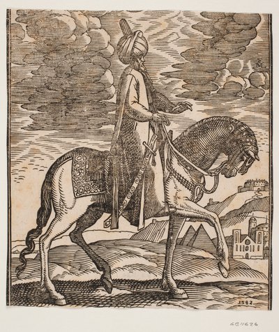 Jinete con turbante, con una espada en su lado derecho, perfil hacia la derecha; entre las patas delanteras del caballo, se ven dos pirámides de Melchior Lorck