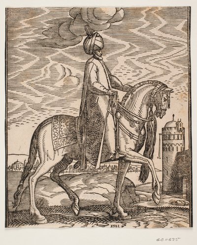Jinete con turbante, con un garrote colgando al lado derecho del caballo; perfil hacia la derecha; en el lado derecho de la imagen, una pared con una puerta y una torre redonda de Melchior Lorck
