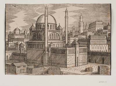Mezquita no identificada con 2 minaretes, vista desde el noreste; en primer plano un sitio de construcción con piedras apiladas de Melchior Lorck