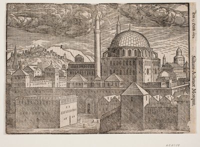 Mezquita no identificada con 2 minaretes, vista desde el sureste; a la izquierda, montaña con ciudad fortificada de Melchior Lorck