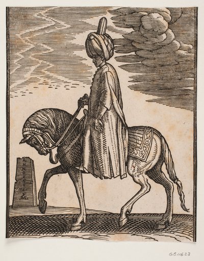 Jinete desarmado con turbante, perfil hacia la izquierda; frente al caballo, un obelisco en ruinas de Melchior Lorck