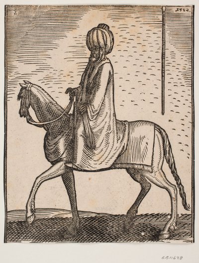 Jinete sin armas con turbante, perfil hacia la izquierda; en la parte superior derecha de la imagen, una delineación separada de un palo de Melchior Lorck