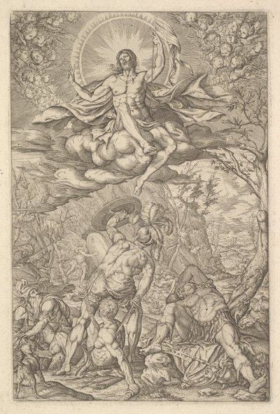 Resurrección de Cristo, rodeado por un aureola y nubes con líneas de putti alados, 1577 de Melchior Meier