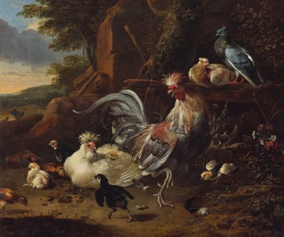 Gallo, gallinas y otras aves en un corral de Melchior d