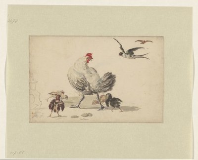 Dos golondrinas y una gallina con cuatro polluelos de Melchior d