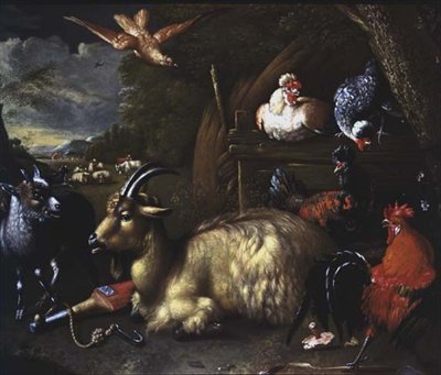 Cabra con otros animales y aves en un paisaje de Melchior de (school of) Hondecoeter