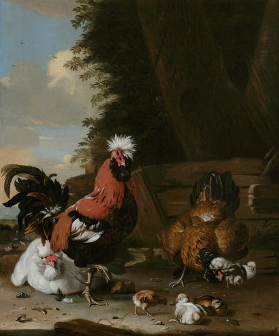 Un gallo Bantam con gallinas y pollitos en un corral de Melchior de Hondecoeter