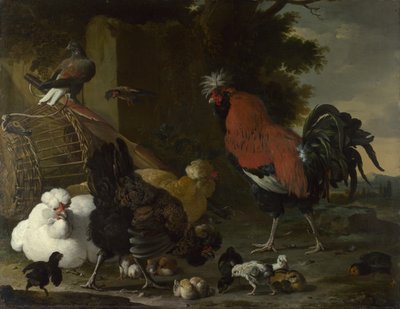 Un gallo, gallinas y pollitos de Melchior de Hondecoeter