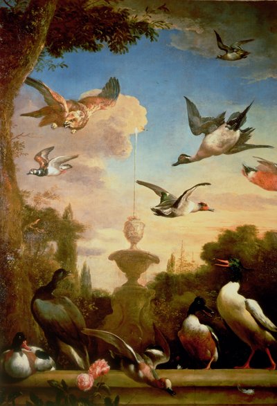 Un ánade real y un águila dorada en un paisaje de jardín clásico de Melchior de Hondecoeter