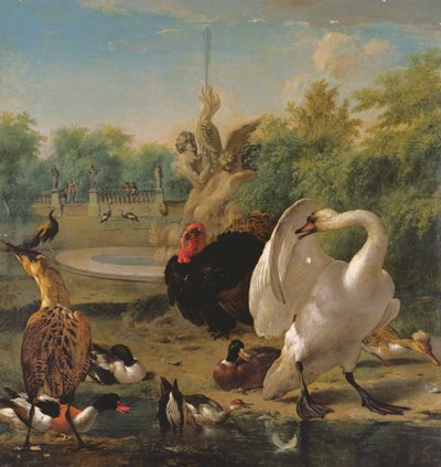 Un parque con cisnes y otras aves (óleo sobre lienzo) de Melchior de Hondecoeter