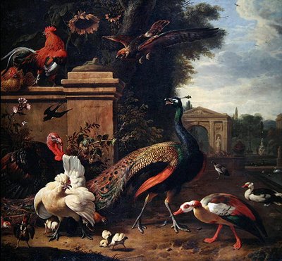 Un pavo real, un halcón y varias aves y patos en un parque de Melchior de Hondecoeter