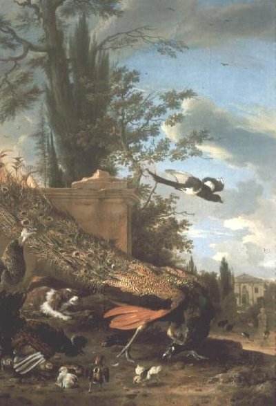 Un pavo real y un spaniel en el jardín de una villa de Melchior de Hondecoeter