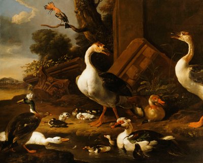 Gansos chinos y egipcios y otras aves en un paisaje con ruinas cercanas de Melchior de Hondecoeter