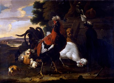 Gallo, gallinas y pollitos junto a una cerca en un paisaje boscoso de Melchior de Hondecoeter