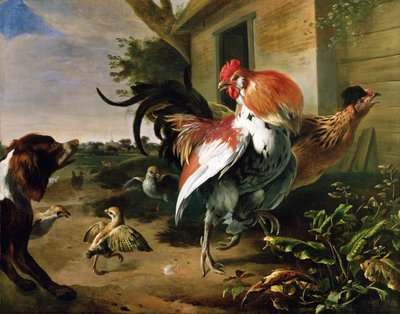 Aves de corral y un spaniel en un corral de Melchior de Hondecoeter