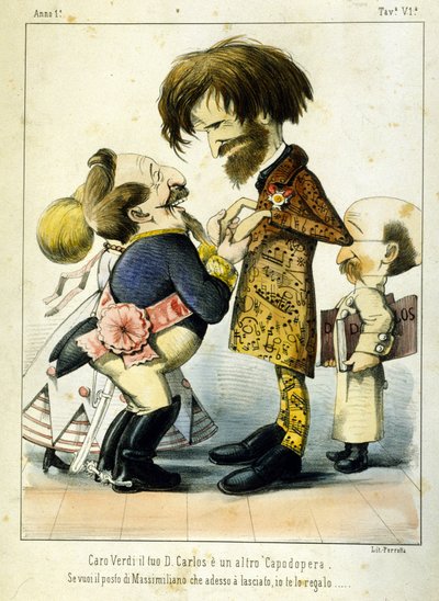 Caricatura sobre Giuseppe Verdi y Napoleón III después de la ópera Don Carlos en París en 1867. Caricatura de Melchiorre Delfico. Colección privada Milán de Melchiorre Delfico