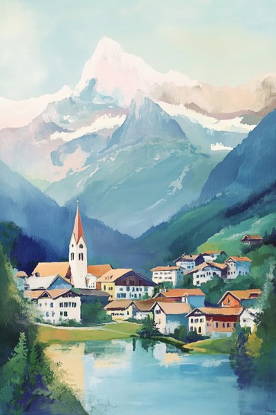 Pueblo alpino a orillas del lago de Melloi Art Prints