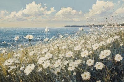 Flores blancas, velero, costa de Melloi Art Prints