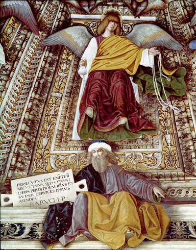 Representación de Baruc (Baruc ben Nerías) discípulo de Jeremías y un ángel. Fresco de Melozzo da Forli (Melozzo degli Ambrosi) (1438-1494). Cúpula de la sacristía de San Marcos, santuario de la Santa Casa, Loreto. de Melozzo da Forli