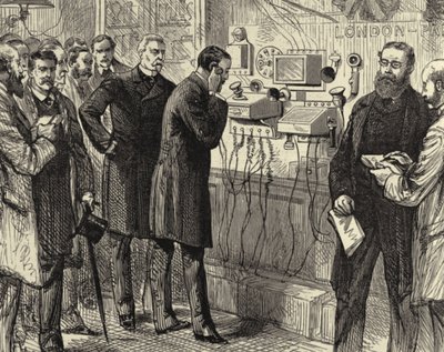 Inauguración de la línea telefónica anglo-inglesa. Primera conversación telefónica entre Londres y París en la Oficina General de Correos de Londres. En el extremo londinense se utilizaron instrumentos Bell. Grabado en madera París 28 de marzo de 1891. Gra de Melton (after) Prior