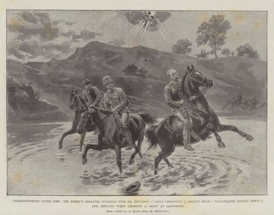 Corresponsales bajo fuego, el shrapnel del enemigo estallando sobre el Sr. Nevinson (Daily Chronicle), Melton Prior (Illustrated London News), y Servant, al cruzar un vado en Ladysmith de Melton Prior