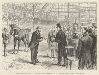 El espectáculo ecuestre de Londres, el Príncipe de Gales presentando la copa al Sr. Moore por su caballo Hackney Rufus de Melton Prior