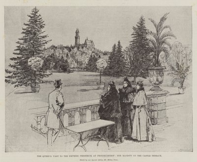 La visita de la Reina a la Emperatriz Frederick en Friedrichshof, Su Majestad en la terraza del castillo de Melton Prior