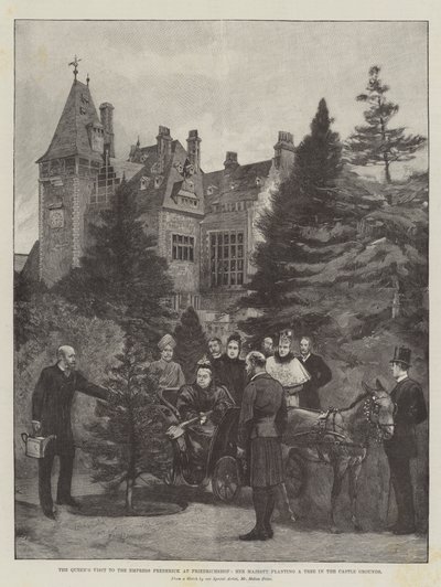 La visita de la Reina a la Emperatriz Frederick en Friedrichshof, Su Majestad plantando un árbol en los terrenos del castillo de Melton Prior