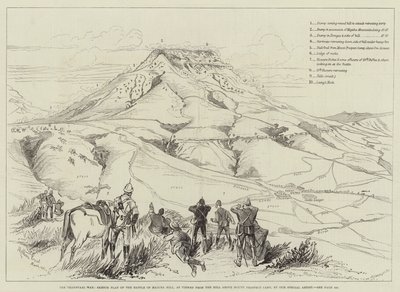 La guerra de Transvaal, plano esquemático de la batalla de Majuba Hill, visto desde la colina sobre el campamento de Mount Prospect de Melton Prior
