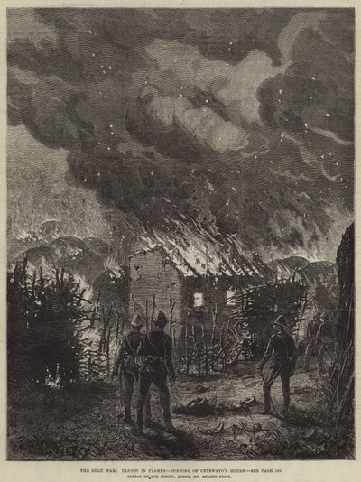 La guerra zulú, Ulundi en llamas, quema de la casa de Cetewayo de Melton Prior