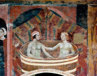 Escena de la vida conyugal en la Edad Media. Una pareja hace sus necesidades en una papelera. Detalle. (fresco, principios del siglo XIV) de Memmo di Filippuccio