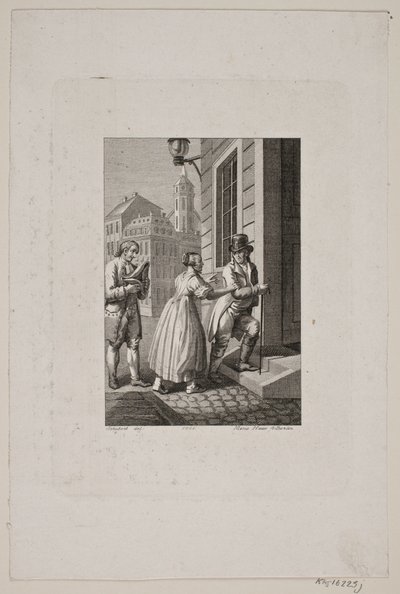 Ilustración con mujer que detiene a un caballero en una puerta mientras un sirviente observa de Meno Haas