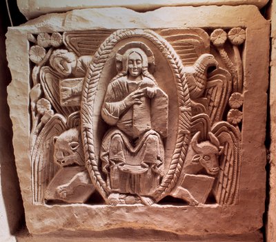 Arte merovingio: el Cristo tetramorfo. Relieve inferior de la tumba de Agilberto (siglo VII), obispo de París de Merovingian