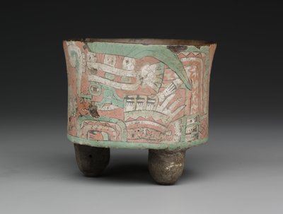 Vasija trípode cilíndrica con dos figuras con gafas, c.A.D. 400-650 de Mesoamerican Mesoamerican