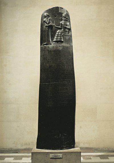 Código de Hammurabi: el dios Shamash dictando sus leyes a Hammurabi, Rey de Babilonia, encontrado en Susa, Irán, c.1750 a.C. de Mesopotamian