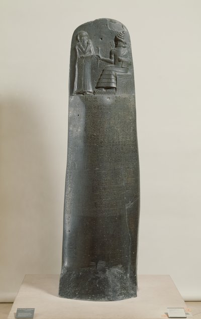 Código de Hammurabi: el dios Shamash dictando sus leyes a Hammurabi, Rey de Babilonia, encontrado en Susa, Irán, c.1750 a.C. de Mesopotamian